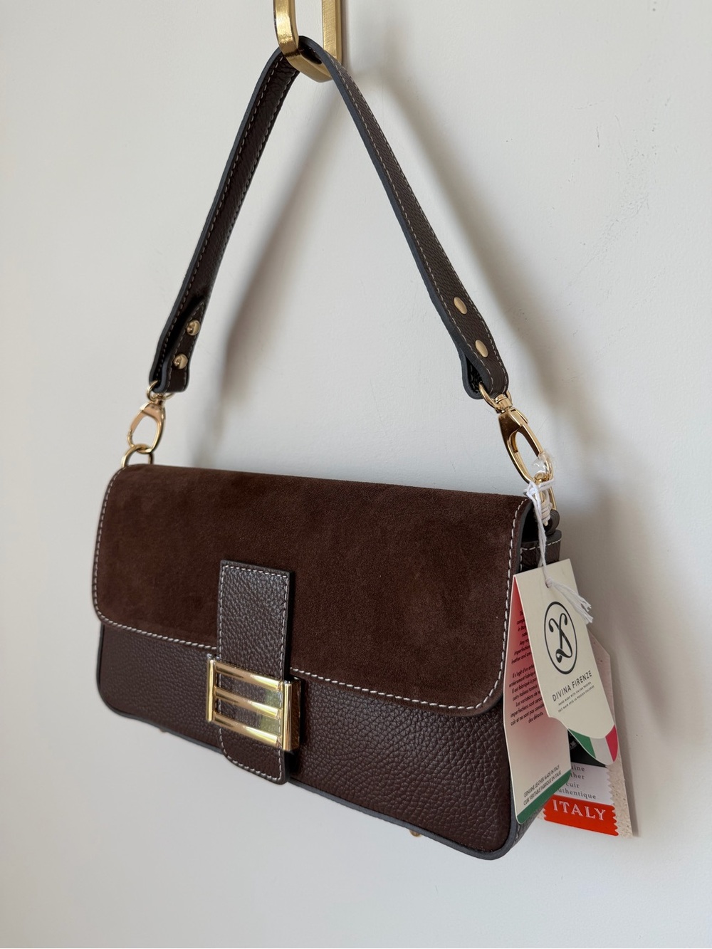 Dark Brown Suede Leather Shoulder Bag with Gold accent